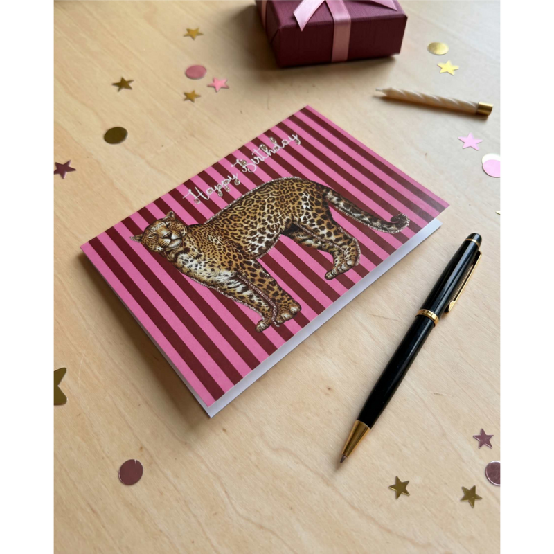 Kort Happy birthday red/pink leopard